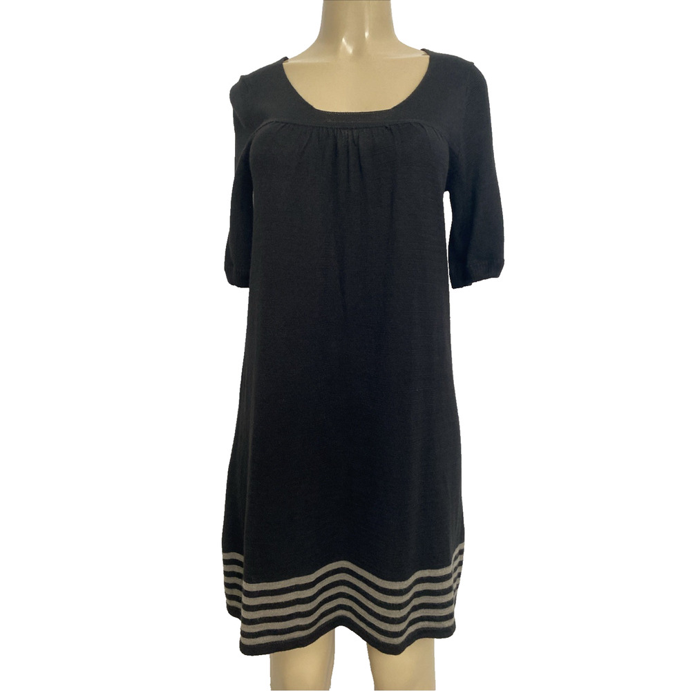 MOSCHINO Jeans Wool Dress Short Sleeve Black Striped Hem A Line 2